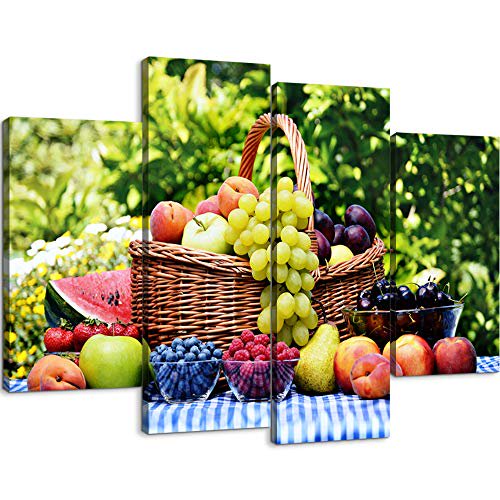 4 Piece Kitchen Wall Art Prints Colorful Fruit Poster Wall Decor Food Canvas Wall Art Stretched and Framed Ready to Hang for Kitchen Decor (56''W x 40''H)