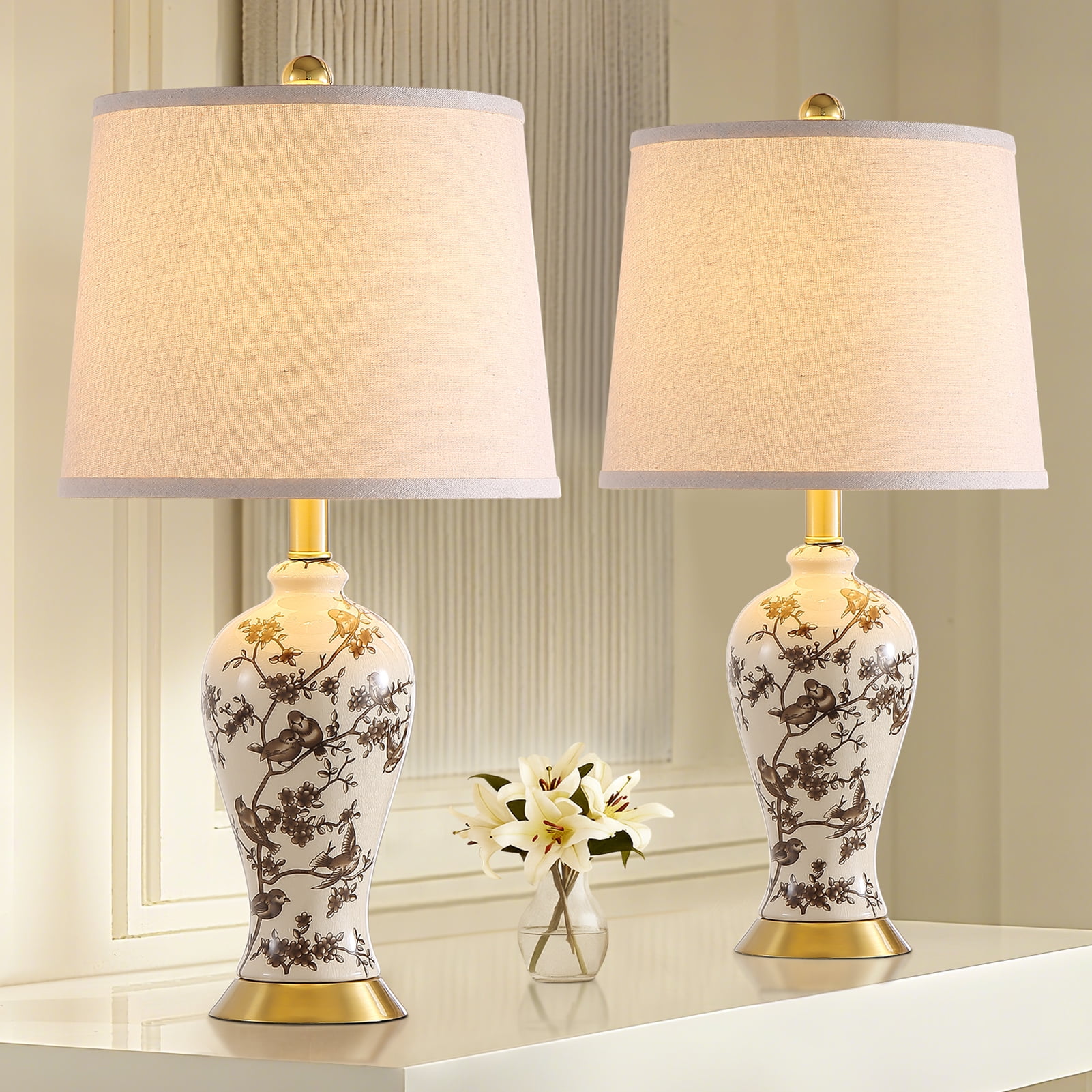 JUJUYUYOP  24"Classic Chinese-Style Ceramic Table Lamps Set of 2, Suitable for Bedside Tables, Living Rooms, and Entryways (Bulb Included)