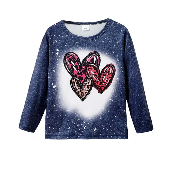 3T Baby Girls Clothes 4T Girls T-shirts Heart Print Round Neck Toddler Girls Long Sleeve T-shirts Tops Blue