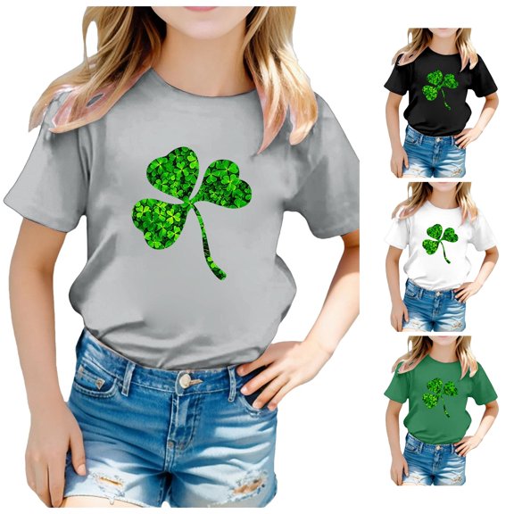 Toddler Girls Short Sleeve Shirts St. Patrick's Printed Round Neck T Shirt Size 4-5T ,Gray