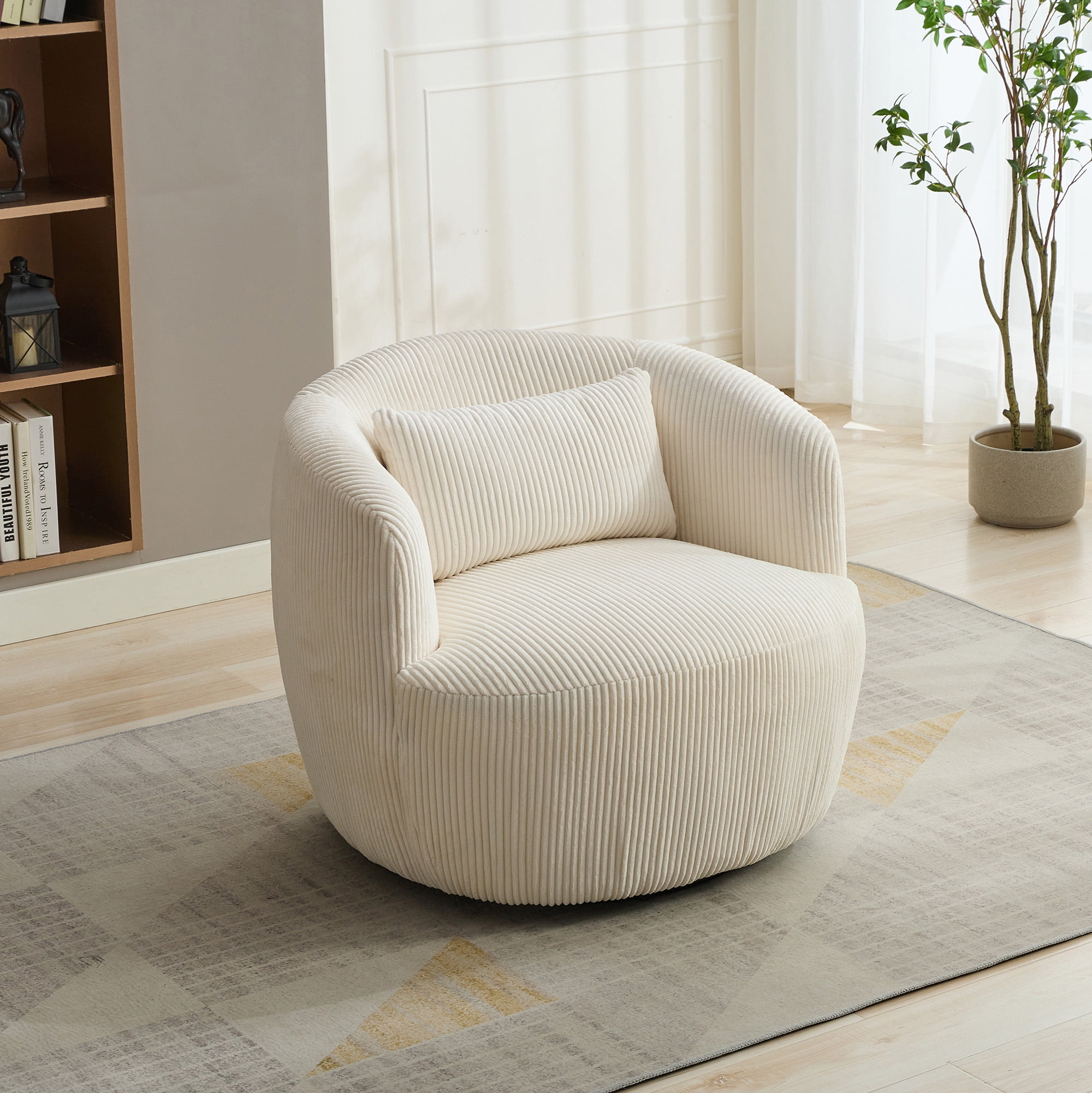 Gewnee 34.25 "Wide Upholstered Corduroy 360° Swivel Barrel Soft Accent Chair with Pillow, Circular Reading Armchair for Club, Living Room, Bedroom, Office, Lounge, Ivory.
