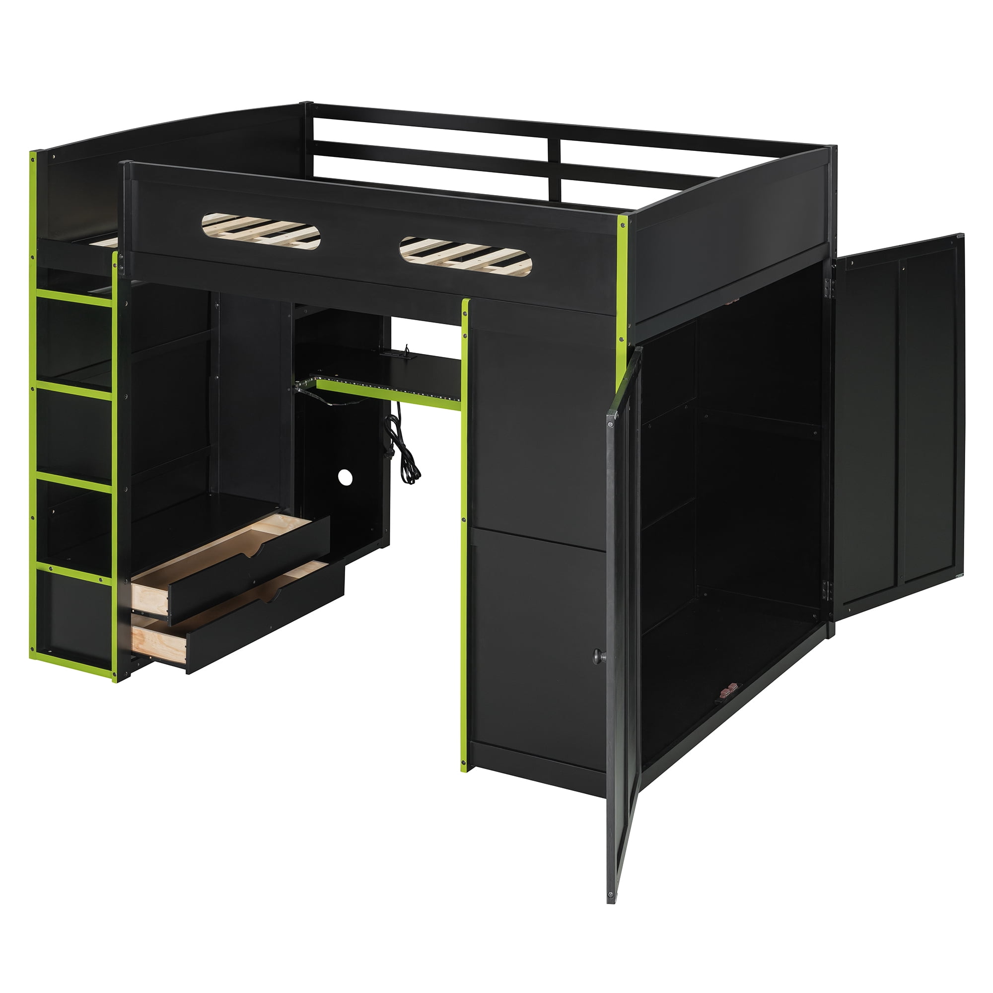 Aukfa Full Size Gaming Loft Bed, Esports Bed Frame with Desk, Wardrobe, RGB LED Lights & Charging Station, Shelves, Green