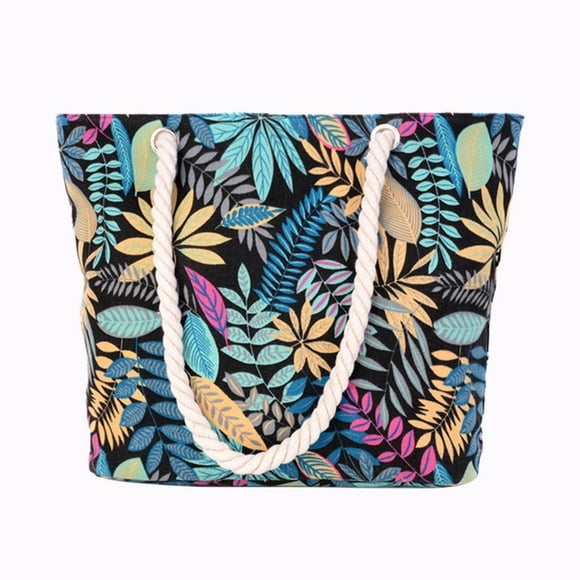 Womens Bags with Water Bottle Beach Bag for Women Blue Print Leaves Pattern Summer Large Beach Tote Bag Travel Canvas Handbag Zipper Closure Shoulder Bag Canvas Tote Bag with Pockets