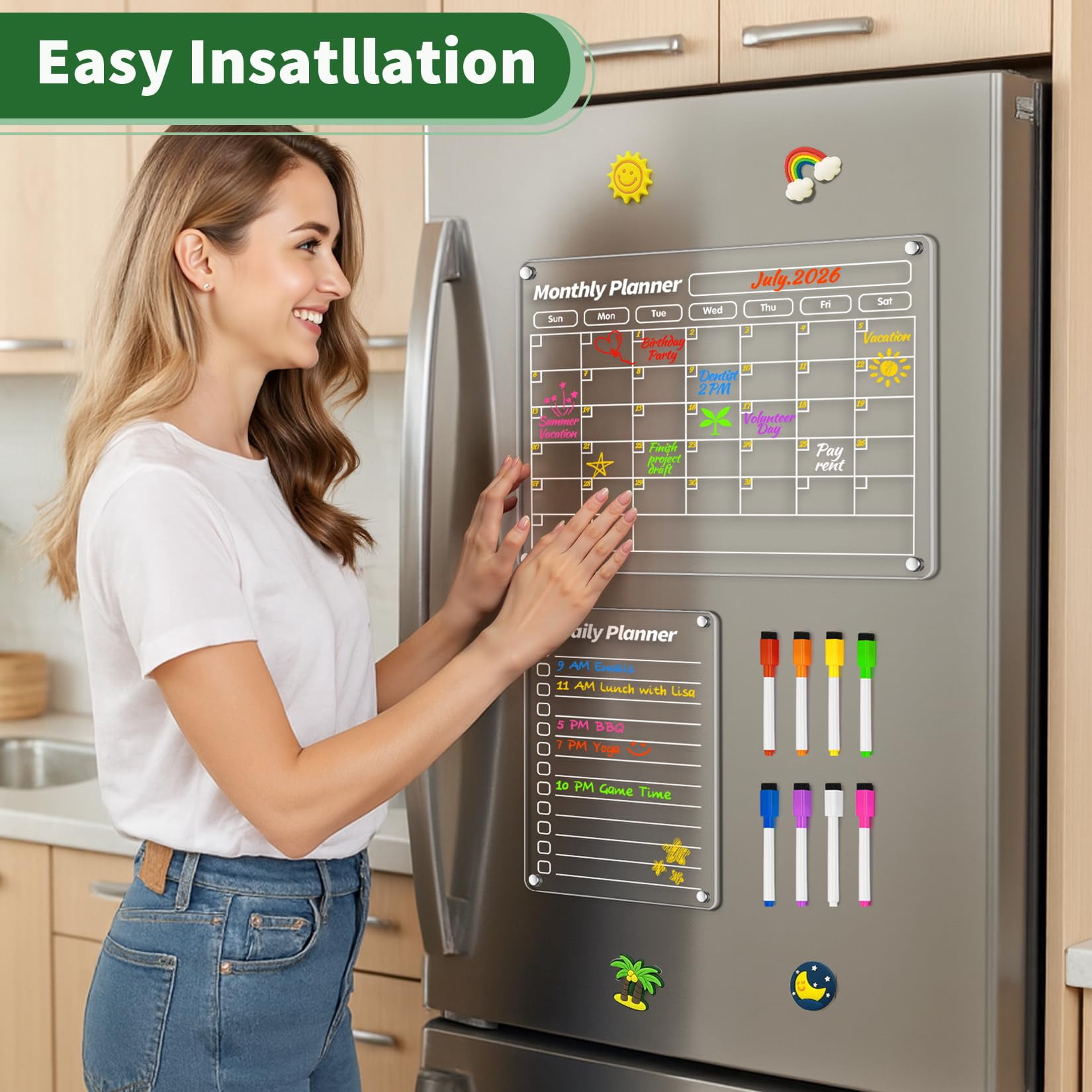 Dry Erase Magnetic Calendar For Fridge  16"x12" Refrigerator Clear Monthly And Weekly Meal Planner Chore Chart With 8 Colors Markers