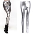 thumbnail image 2 of Womens High Waist Shiny Silver Gold Leggings Faux Stretch Pencil Pants Workout Leggings Tummy Control Yoga Pants, 2 of 16