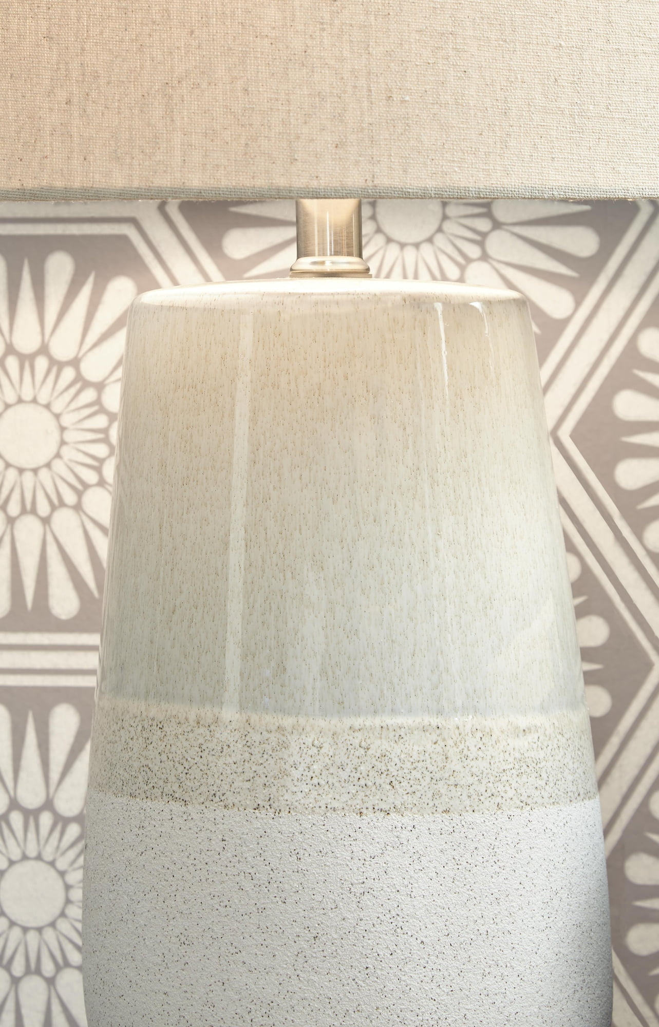 Signature Design by Ashley Shavon Ceramic Table Lamp, Beige/White, Coastal Drum Shade Lamp with 3-Way Switch