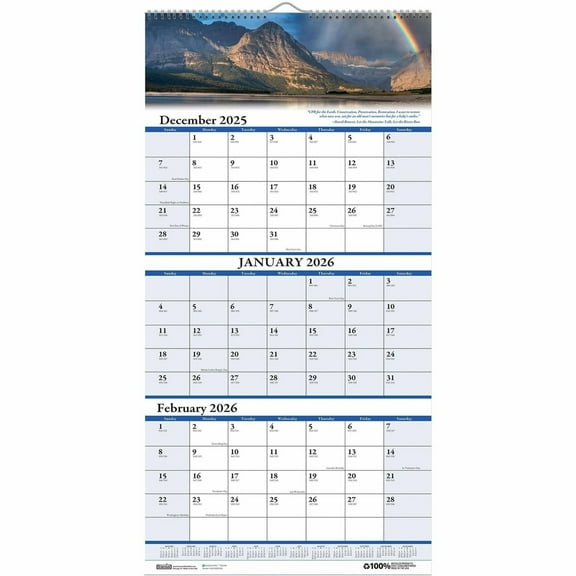 House of Doolittle 3638 14-Month: Dec 2025 to Jan 2027 12.25 in. x 26 in. Scenic Landscape Photography Earthscapes Recycled 3-Month Vertical Wall Calendar