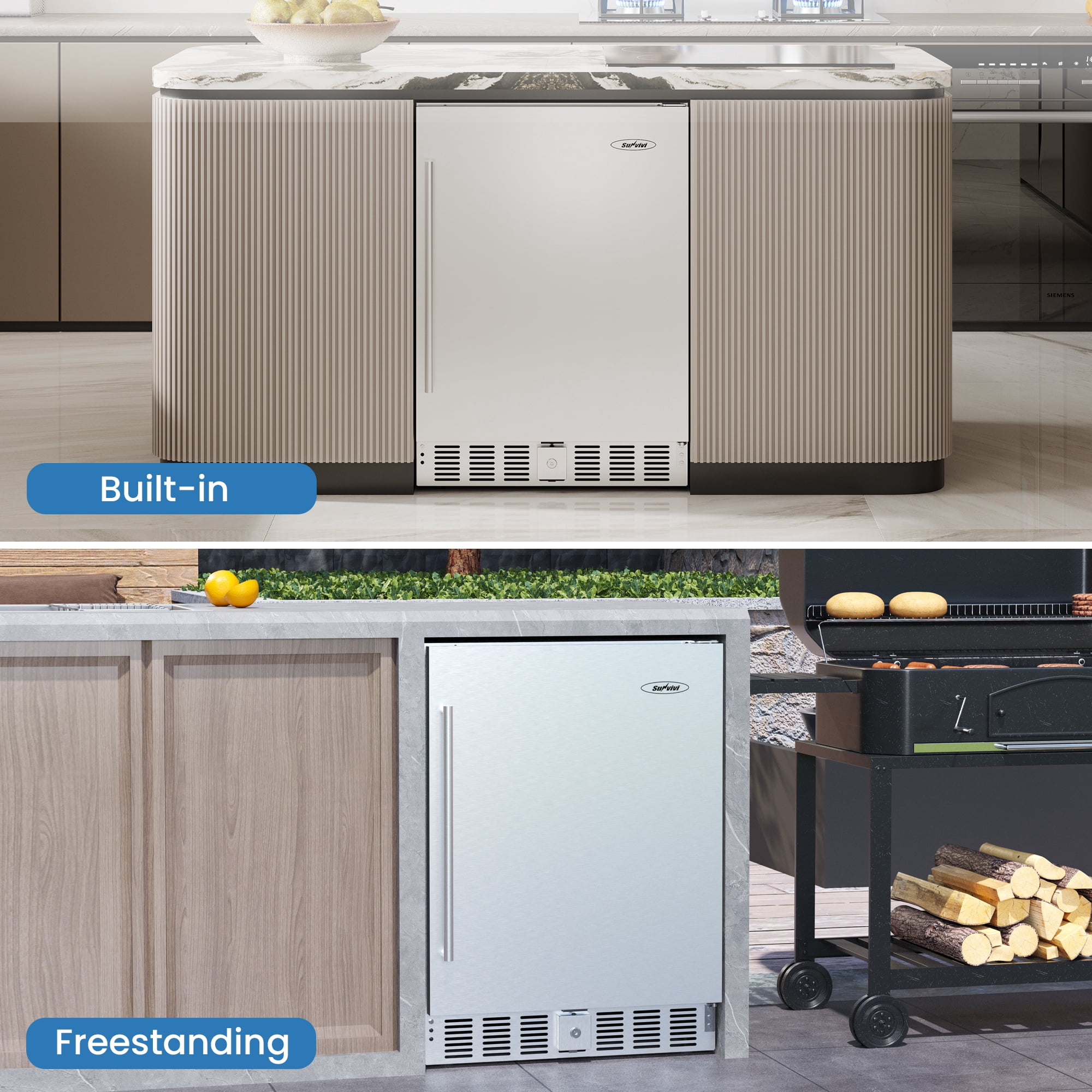 Sunvivi Outdoor & Indoor Beverage Refrigerator, 24 Inch Stainless Steel Under Counter Drink Fridge, Silver Weatherproof Can Cooler Wine Chiller with Lock for Kitchen, Office, Patio, Bar, Home