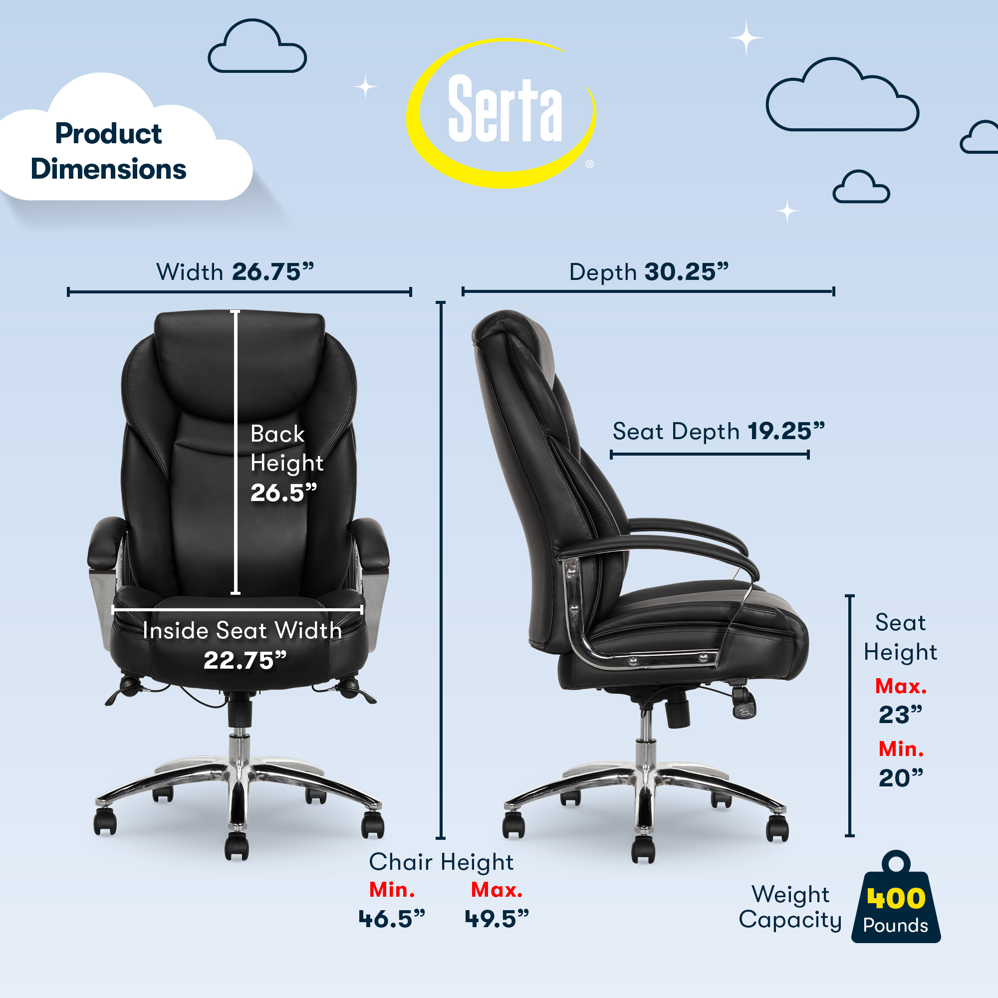 Serta Big & Tall High Back Office Chair, Heavy Duty Weight Rating, Black Bonded Leather Upholstery - image 3 of 12