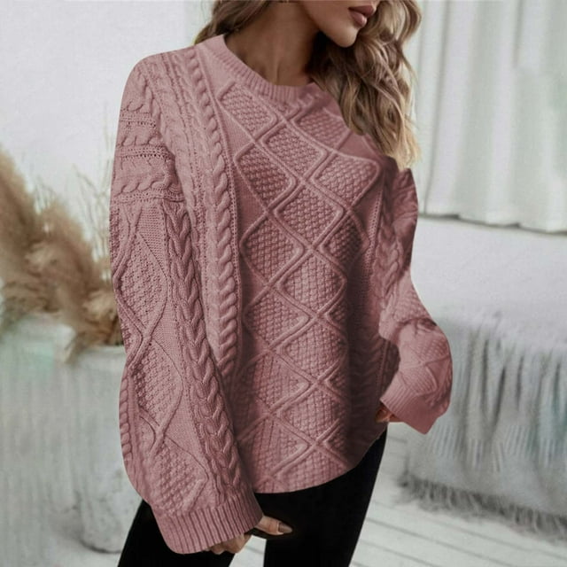 Frostluinai Chandail Jacquard Femme Manches Longues Col Rond Tricoté Couleur Unie Décontracté Léger Automne Ample