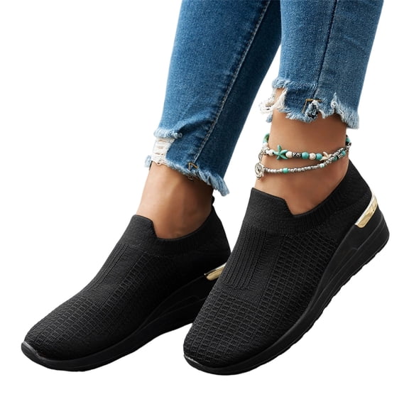 KEVCHE Womens Fashion Plus Size Flyknit Breathable Round Toe Casual Shoes, Slip On Walking Shoes, Wedge Sneakers, Orthopedic Chunky Mesh Sock Sneakers