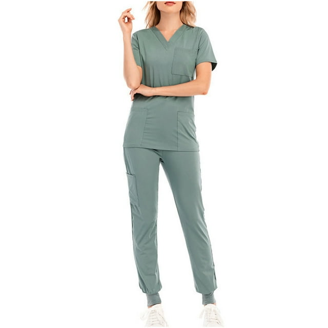 Baikeli Ladies Suits Clearance Scrubs Sets for Women 2 Piece Summer Suits Short Sleeve V-Neck Tops High Waisted Drawstring Jogger With Pockets Spring Sets for Women