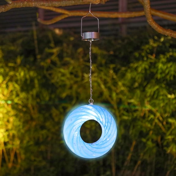 Solar Fly Through Bird Feeder Outdoor Garden Light LED Patio Round Glass with Mosaic Design Hanging Fly-Through Bird Feeder - 9" - Blue