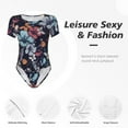 thumbnail image 4 of KLL Women 's Crew Neck Bodysuit Jumpsuits Flowers ad Butterflies Print Short onesies Stretch T Shirts, 4 of 7