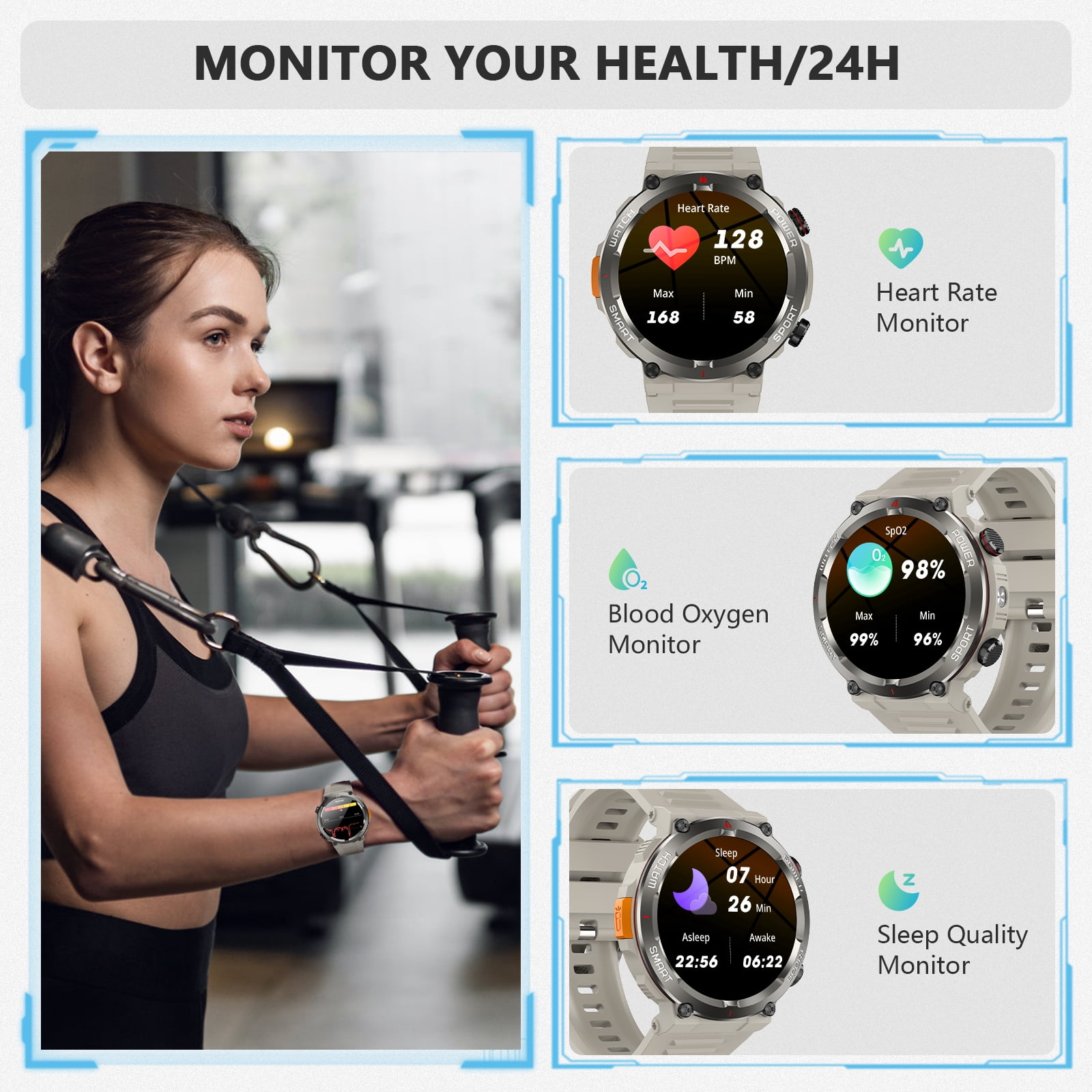 LUOMATE 1.45" Men Military Smartwatch with Fitness Tracker, Bluetooth Calling, 100+ Sport Modes, IP68 Waterproof, Pedometer, Outdoor Sports Watch Compatible Android iPhone (Khaki)