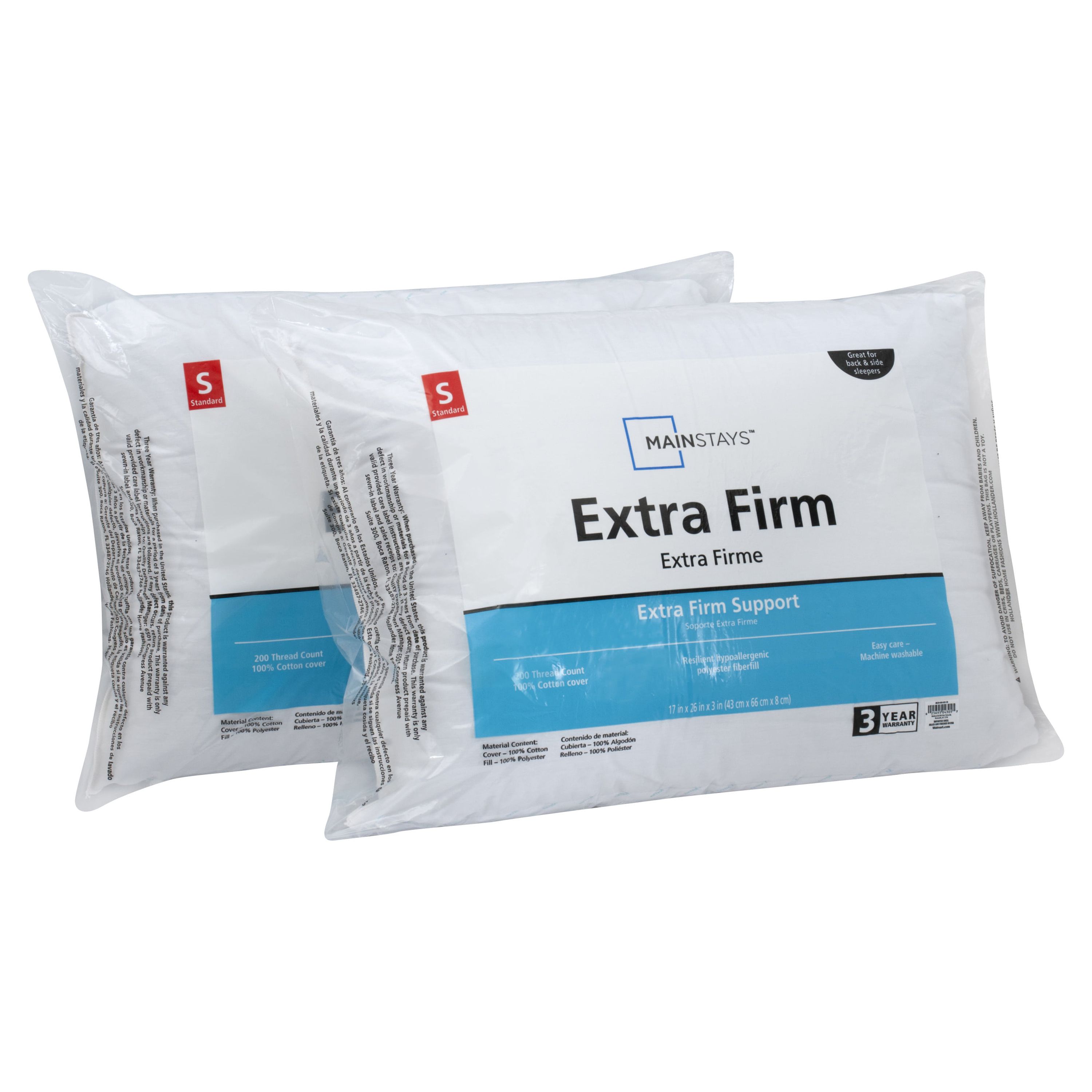 Mainstays Extra Firm Support Pillow, Set of 2, Standard, 200 Thread Count Cotton - image 3 of 7