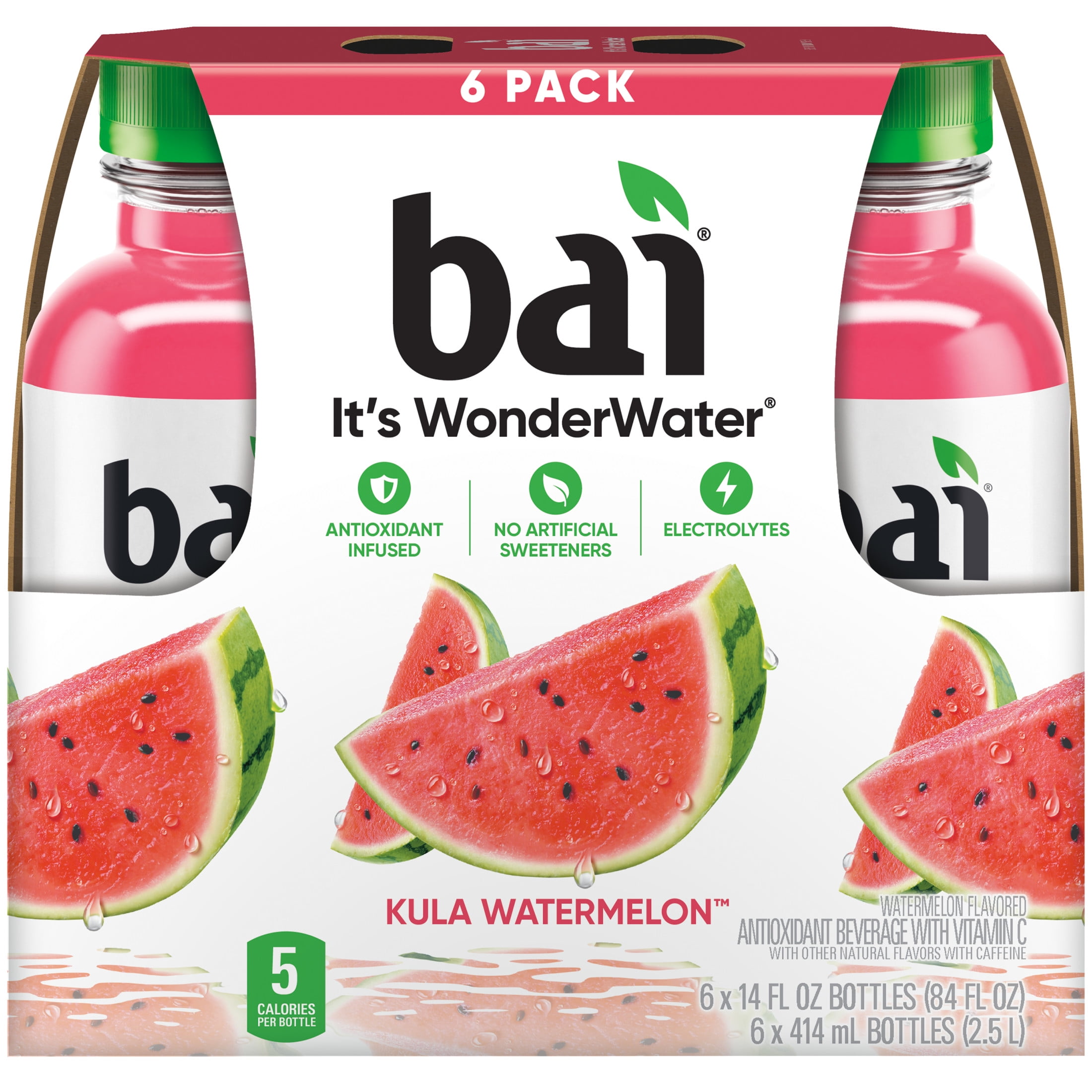 Bai Kula Watermelon Antioxidant Infused Water Beverage, 14 fl oz, 6 Pack Bottles