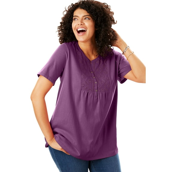 Woman Within Plus Size Eyelet Bib Henley Tee