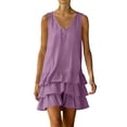 thumbnail image 2 of Women's Summer Dresses V Neck Sleeveless Linen Mini Dress with Tiered Ruffle Hem Going Out Party Outwear Dress Purple S, 2 of 7