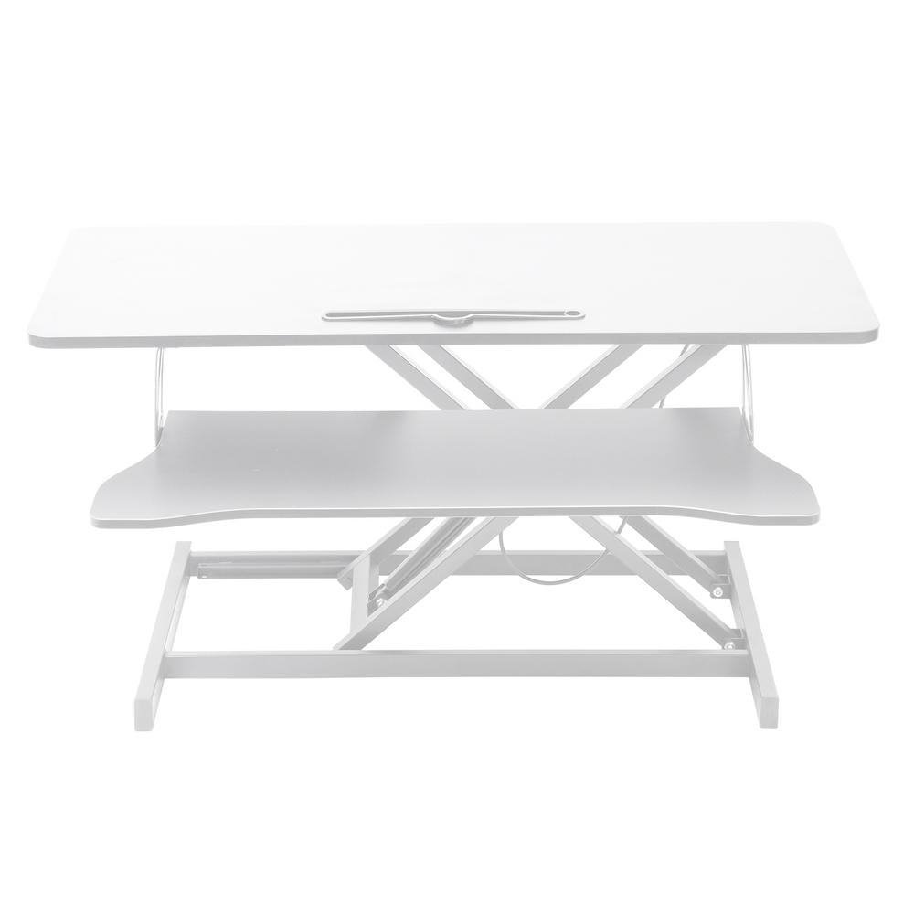 Adjustable Standing Desk Converter, Height Adjustable Desk Riser, Manual Pneumatic Spring Laptop Workstation with Keyboard Tray for Home, School (White)