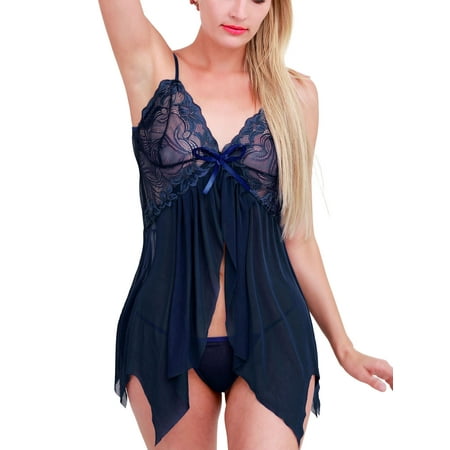 Deago Women Lingerie Babydoll Lace V Neck Sleepwear Mesh Sexy Chemise Boudoir Outfits (Navy  2XL)