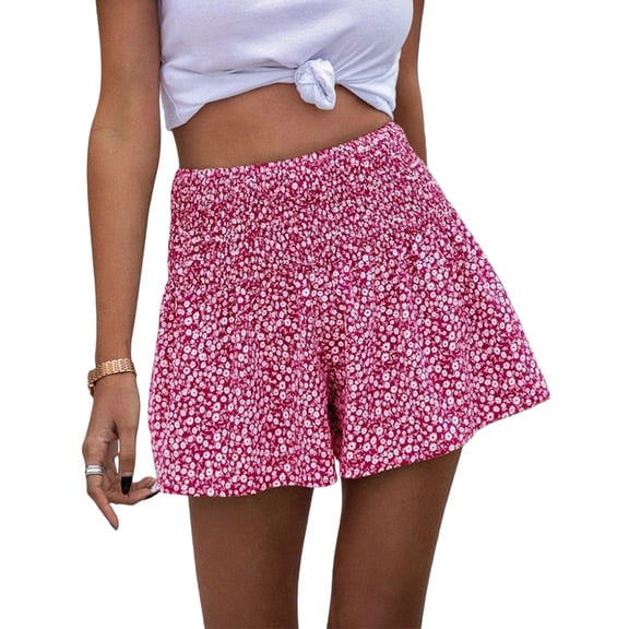 Boho Floral High Waist Drawstring Skorts for Women - Summer Ruffle Flowy Skirts Rose Red XL