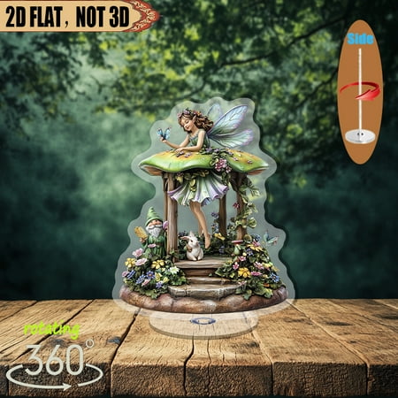 1pc 2d flat Rotating acrylic centerpiece featuring a mischievous fairy atop a mushroom in an enchanted garden perfect for home display office decor or special events