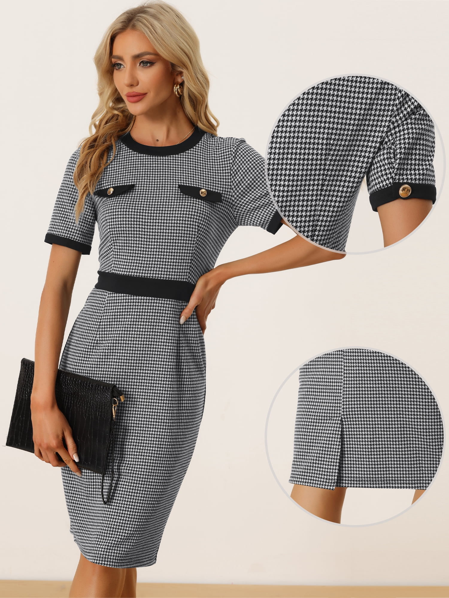 DARING DIVA Short Sleeve Contrast Bodycon Plaid Houndstooth Dress M Black