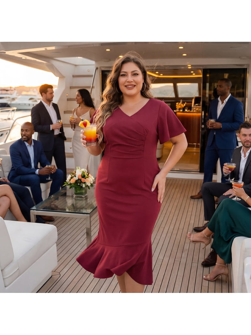 maroon cocktail dress plus size Agnes Orinda Women's Plus Size Formal Dresses Wrap V Neck Ruffled Short Sleeve Cocktail Party Wrap Dress 3X Burgundy, Size: 3XL, Blue