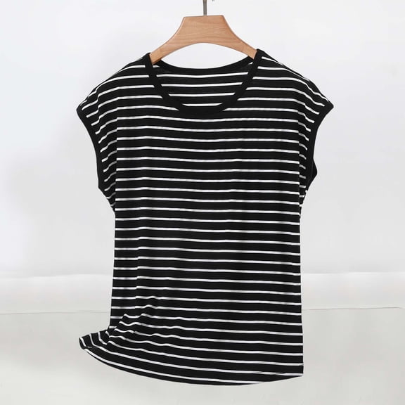 Roncen Women's Casual Stripe Print Cap Sleeve T Shirts Round Neck Tee