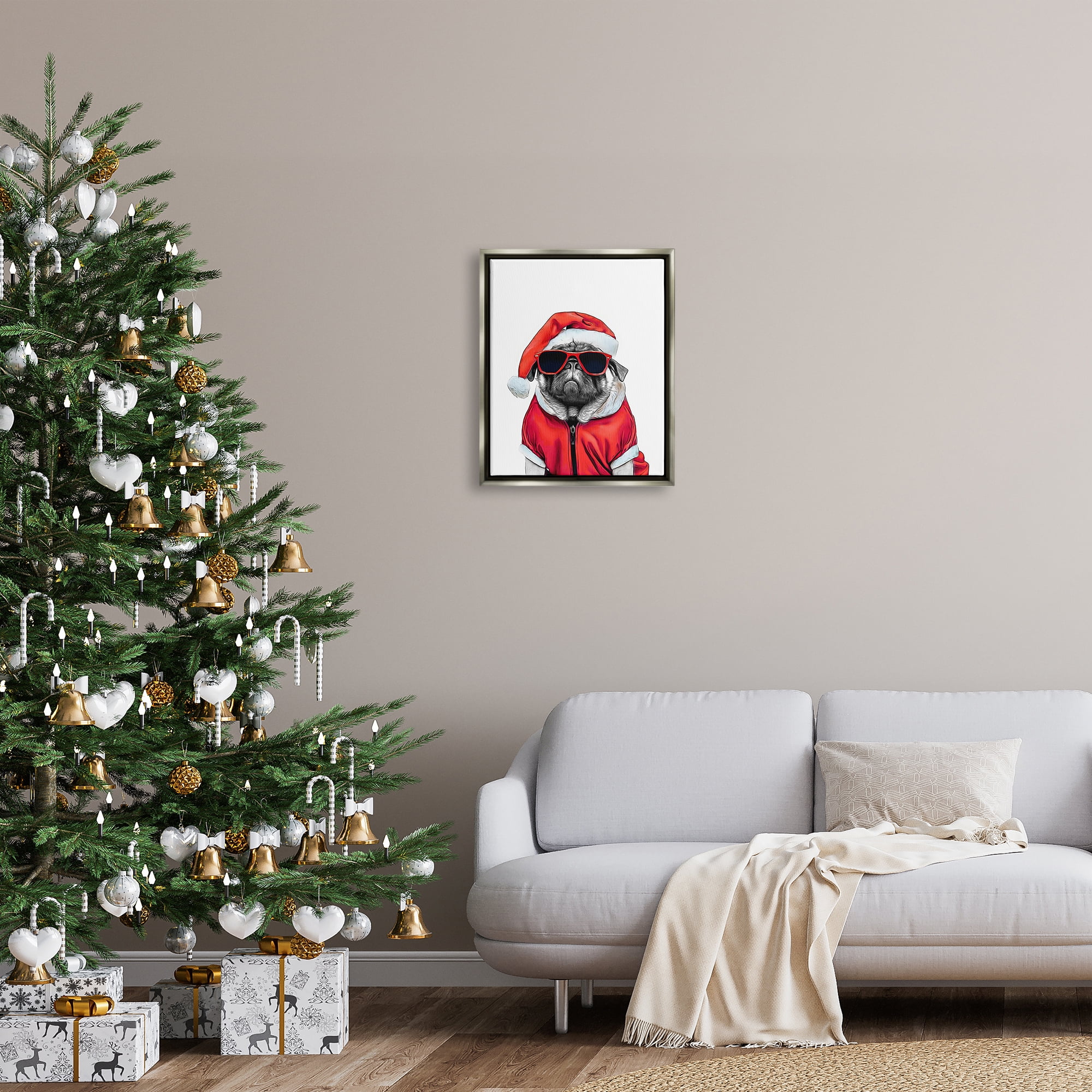 Stupell Industries Funny Pug Santa Hat Holiday Painting Gray Floater Framed Canvas Art Print Wall Art, 17 x 21