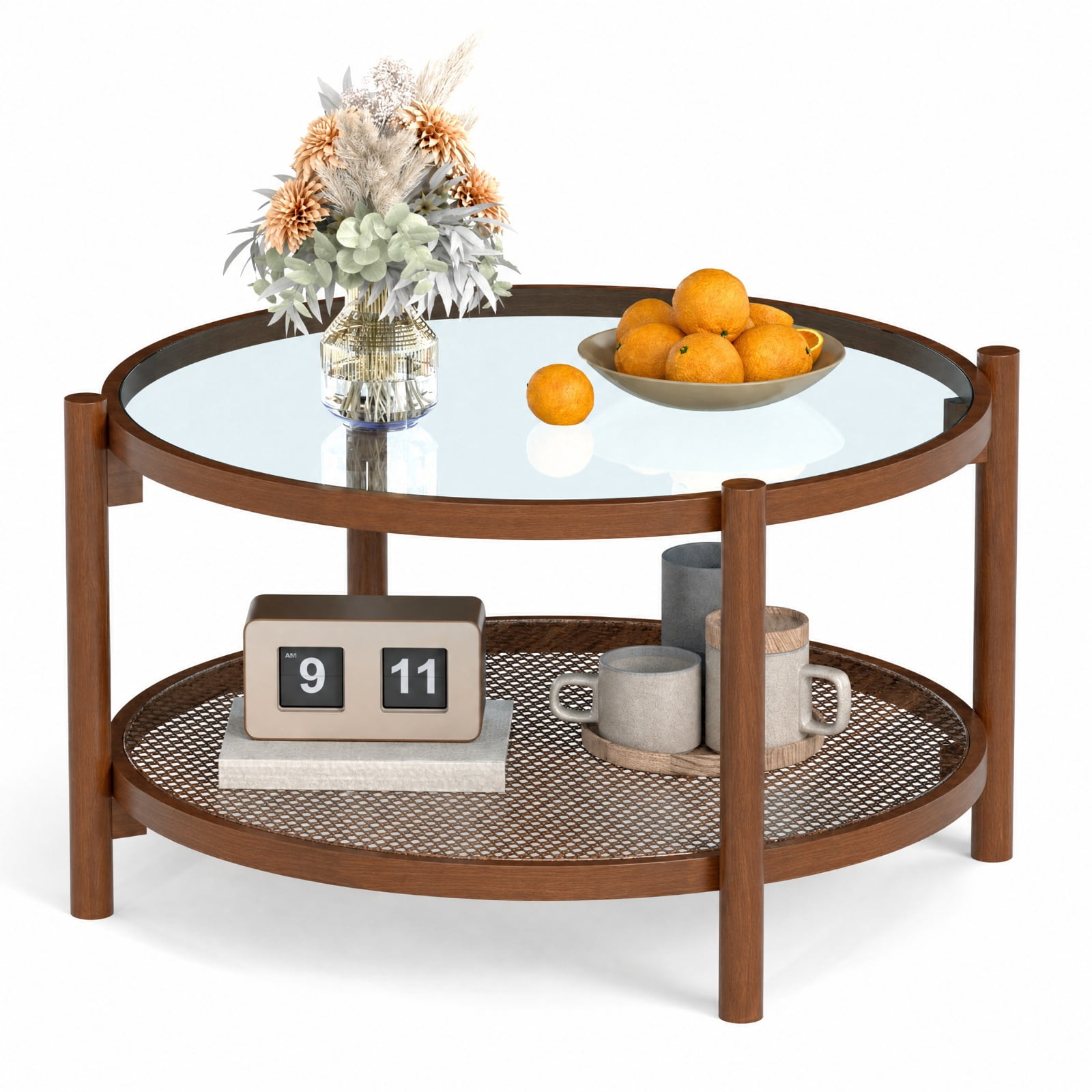 Furnibear 31 Inch 2 Tier Round Coffee Table with Tempered Glass Top and Hand Woven Rattan Shelf a Solid Wood Living Room Center Table, Cherry