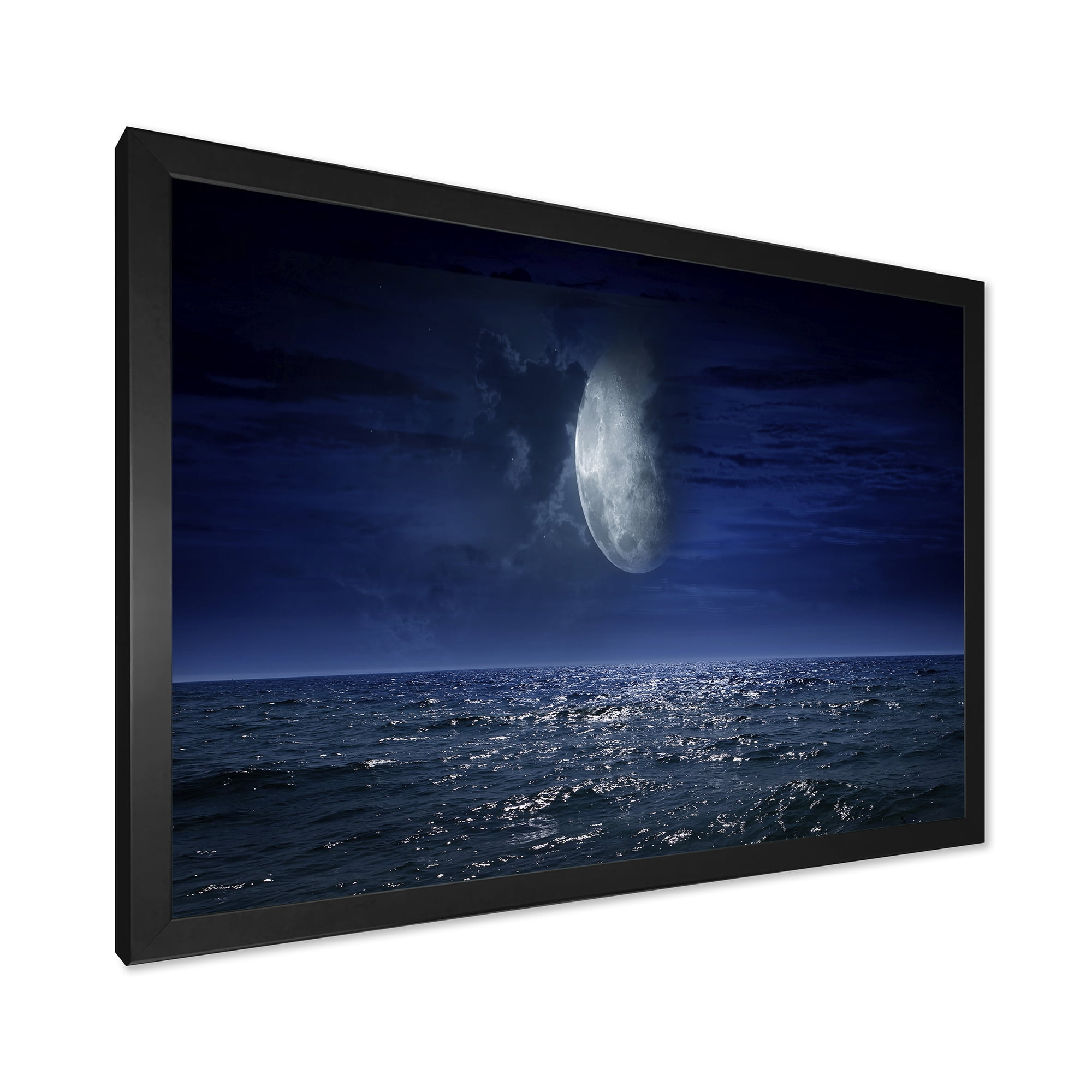 Designart 'Full Moon Night Over Dark Ocean' Nautical & Coastal Framed Art Print