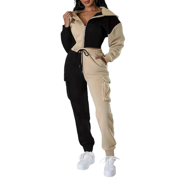 Cnbntu Womens Color Block 2 Piece Set: Crop Hooded Zip-Up Jacket and High Waist Cargo Joggers Khaki S