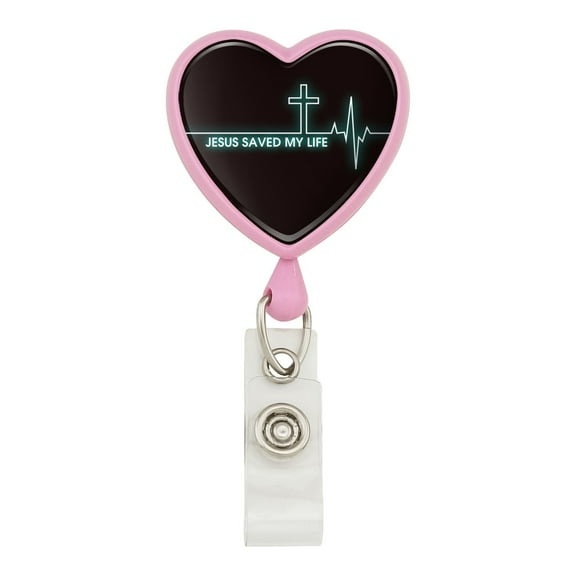 Jesus Saved My Life EKG Heart Rate Pulse Religious Christian Heart Lanyard Retractable Reel Badge ID Card Holder