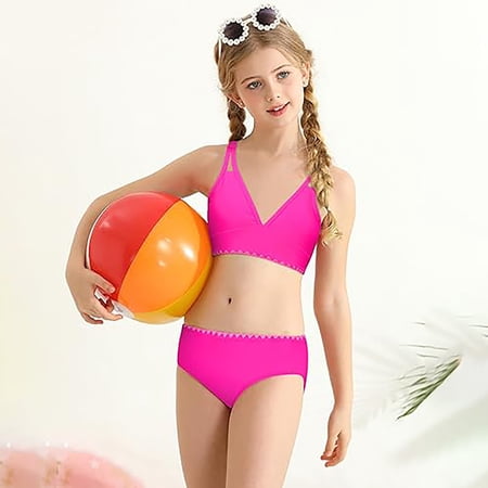 Girls Swimsuit 2 Piece Bikini Set Cross Back Swimwear Padded Swimsuits Adjustable Straps Bathing Suit 7-16Y