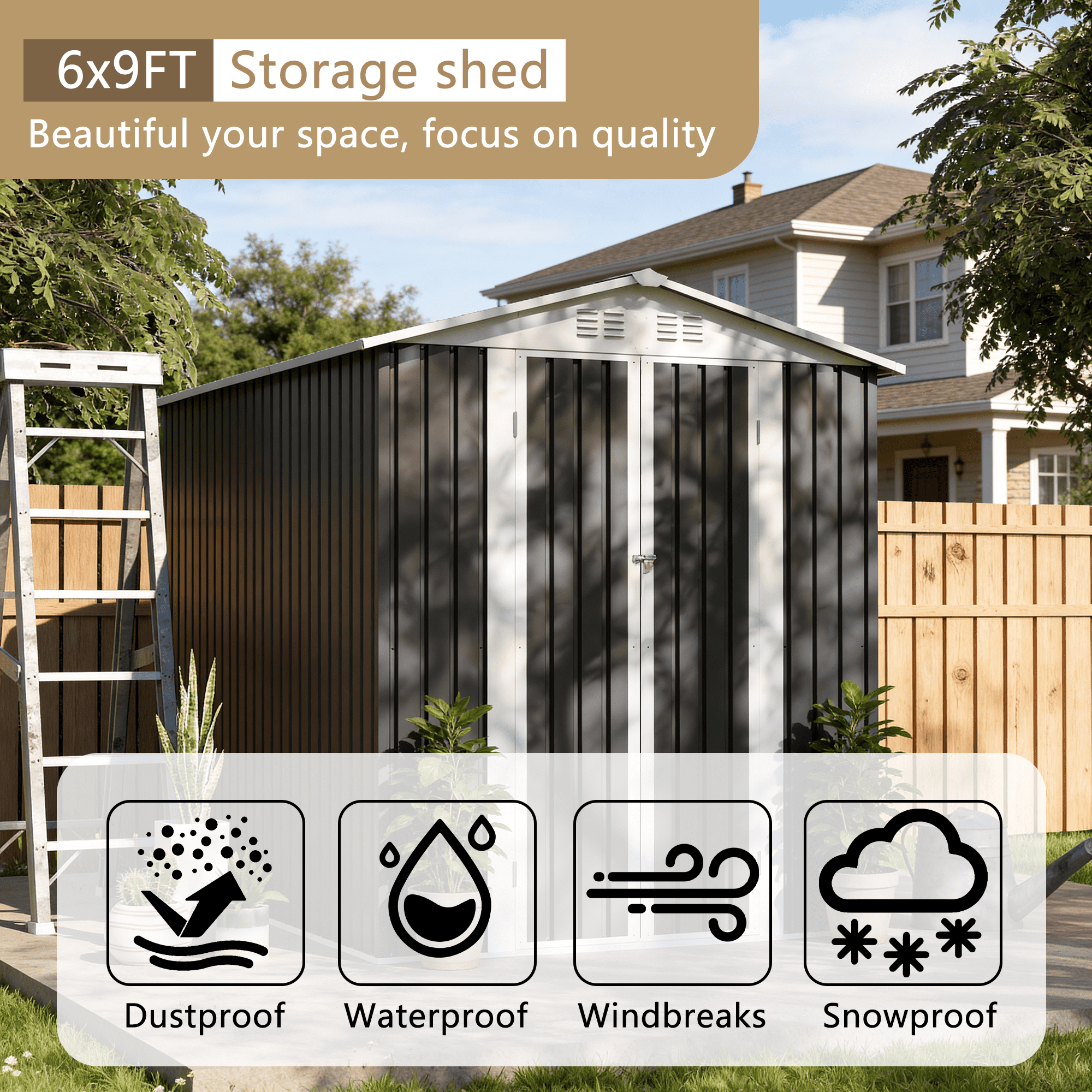 Mintazer 6x9 ft Gable Roof Outdoor Galvanized Metal Storage Shed with Lockable Double Doors & Top Vent Slots, Weatherproof Large Garden Tool Storage House for Backyard Patio Lawn, Dark Gray