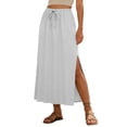 thumbnail image 2 of Linen Straight Maxi Skirt for Women Elastic High Waisted Drawstring Side Slit Casual Long Flowy Skirt with Pockets, 2 of 8