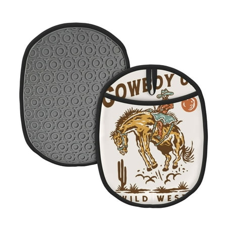 

Qekee Cowboy Up Vintage Wild West Pattern Silicone Pot Holders Oven Mitts Heat Resistant Hot Pads Non Slip Pot Holder Towel Cloth Interior Lining