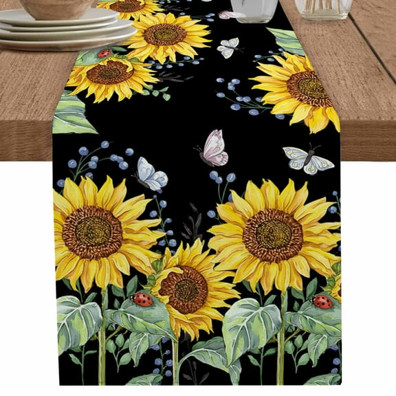 Sunflower Butterfly Green Leaves on Black Table Runner-70 Inch Long Pastoral Flower Table Runners Linen Burlap Tablerunner for Kitchen Dining Room Holiday Party