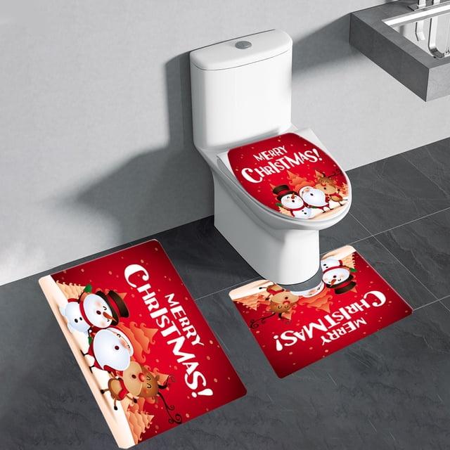 Leutsin Christmas Bathroom Rugs and Mats Sets 3 Piece, Reindeer Red Bathroom Rugs Non Slip, Winter Absorbent Microfiber Memory Foam Bath Mat Machine Washable Bathroom Floor Mats
