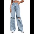 thumbnail image 2 of Pantalones Vaqueros Rotos de Cintura Alta para Mujer, Desgastados, Holgados, Rectos y de Pierna Azul S, 2 of 10