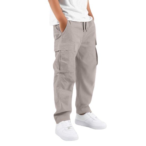 Boys Uniform Cargo Pants Cotton Baggy Chino Pants Joggers | Teen Back to School Trousers,Straight Leg Hiking Pants with Pockets,Elastic Waist Casual Sports Workwear for Kids 5-15 Years