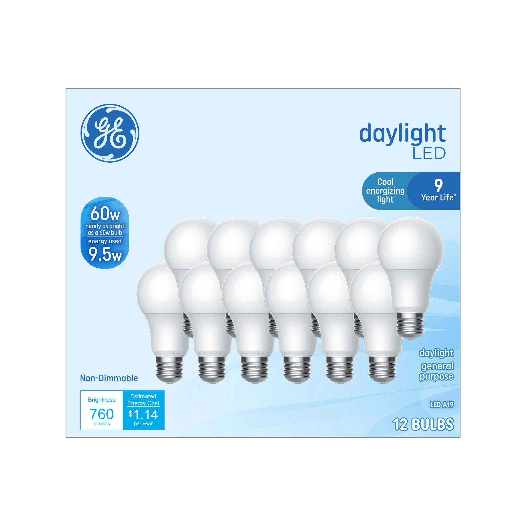GE LED Light Bulbs, 60 Watt, Daylight, A19 Bulbs, Medium Base, 9yr, 12pk