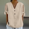 thumbnail image 2 of Ashyfjp Womens Tops Casual Loose-Fit Solid Color Short Sleeve V-Neck Button-Up Tie-Front Comfortable Shirts for Women, Beige, S, 2 of 7