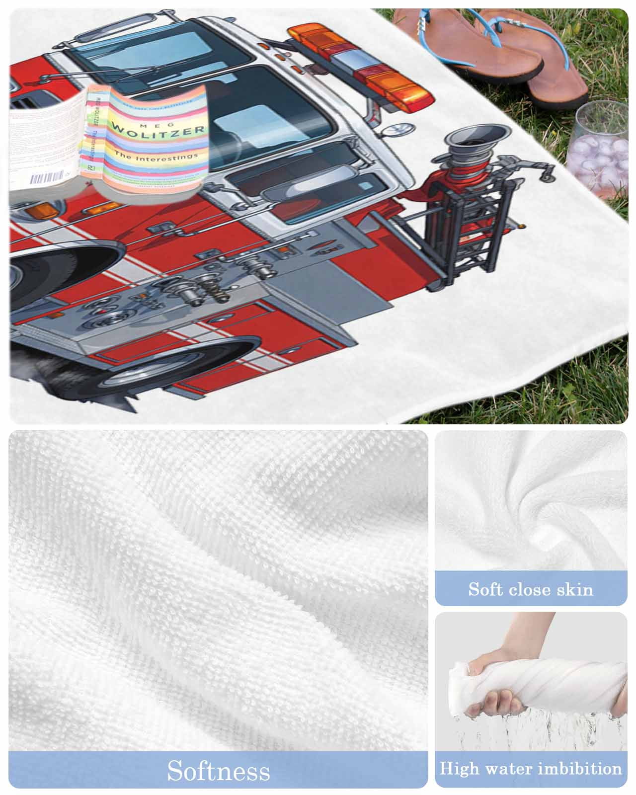 Fire Trucks Beach Towels Oversized Super Absorbent, Modern Cartoons Vehicles Lightweight Bath Towel Quick Dry Sets For Bathroom/Pool/Rv Camping/Beach Play/Gym Room/Picnic 35"x70"
