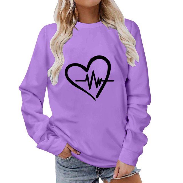 Besolor Womens Fall Spring Sweatshirt Heart Printed Crewneck Long Sleeve Tops Casual Loose Plus Size Pullover Blouse