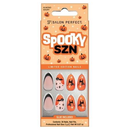 Salon Perfect Halloween Fall Artificial Fake Press On Nails, 392 Matte Checkered Cat, Short Almond, File, Glue and Prep Pad Included, 30 Nails