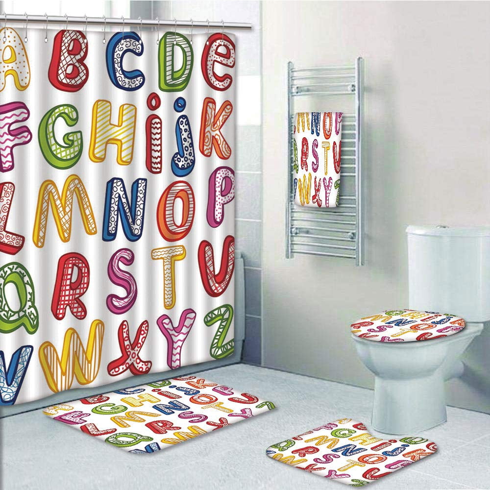 Prtau Educational Hand Drawn Colorful 3d Abc Letters With Kids Joyful Fun 5 Piece Bathroom Set Shower Curtain Bath Towel Bath Rug Contour Mat And Toilet Lid Cover Walmartcom Walmartcom