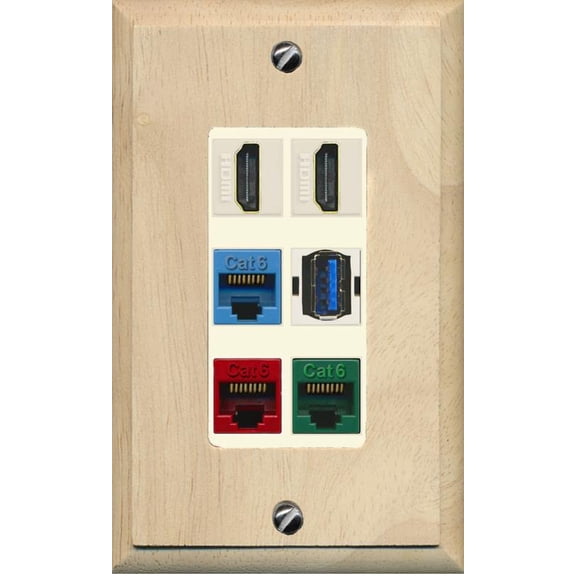 RiteAV 2 HDMI 3 Cat6 Ethernet USB3 Mixed Color Wall Plate - 1 Gang [Wood/Light-Almond]